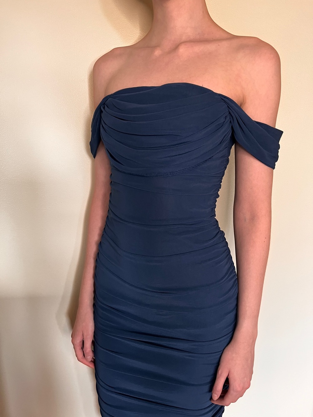 Draped Navy Midi Dress with Wide Straps